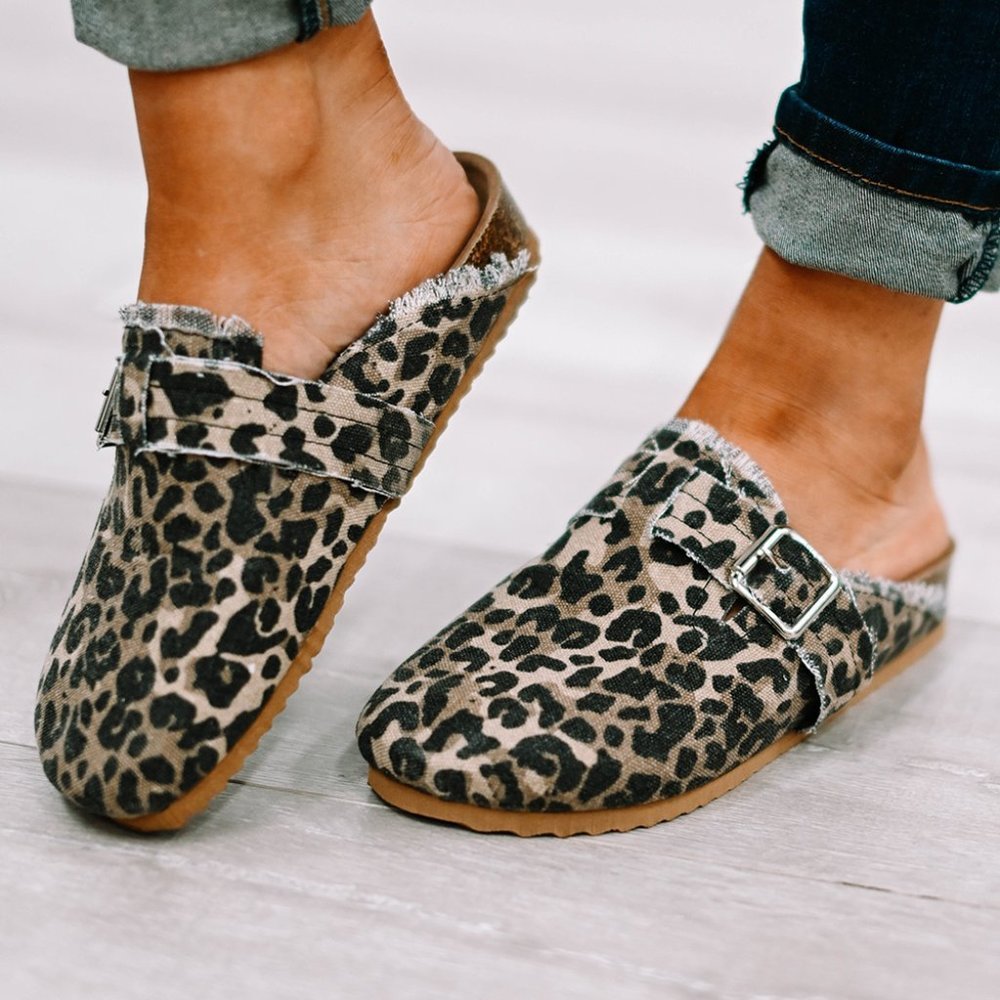 Leopard Buckle Strap Frayed Canvas Slip On Slippers - Picture 2 of 9